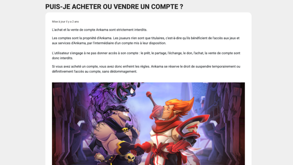 la revente d’un compte Dofus contre de l’argent est interdite par Ankama // Source : Ankama