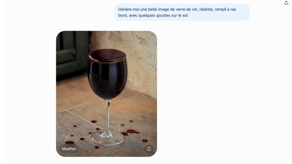 Un verre de vin rempli à ras bord, par ChatGPT en août 2026 // Source : Numerama