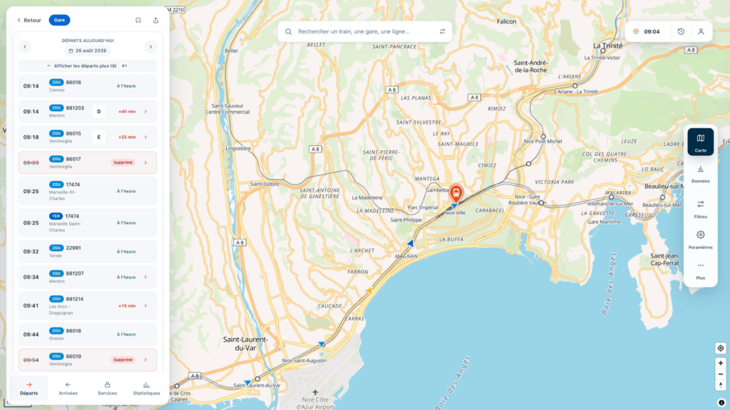 Les perturbations à la Gare de Nice // Source : TrainTracker24 / Capture d'écran Numerama