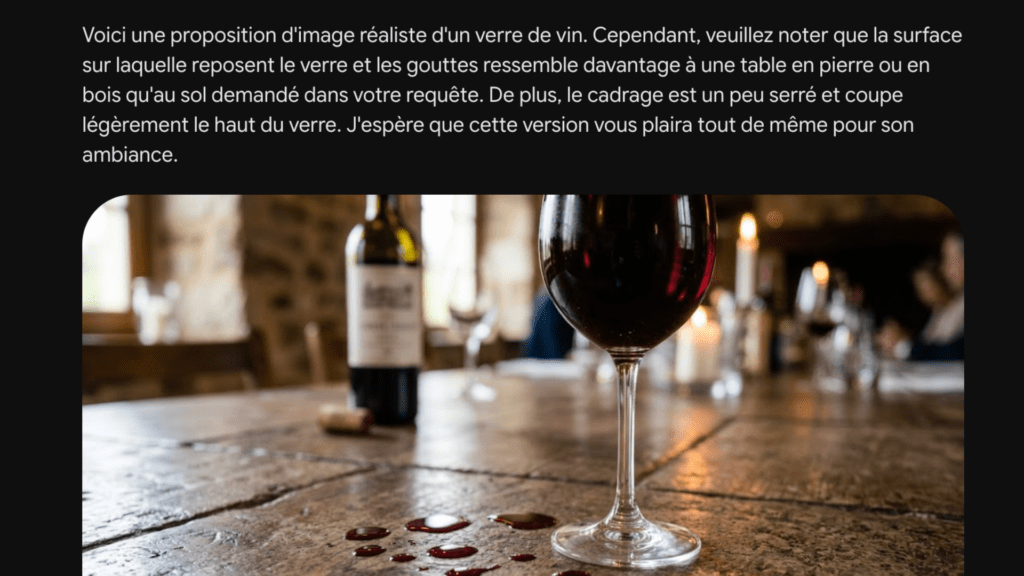 Gemini a cadré de très près le verre de vin // Source : Numerama