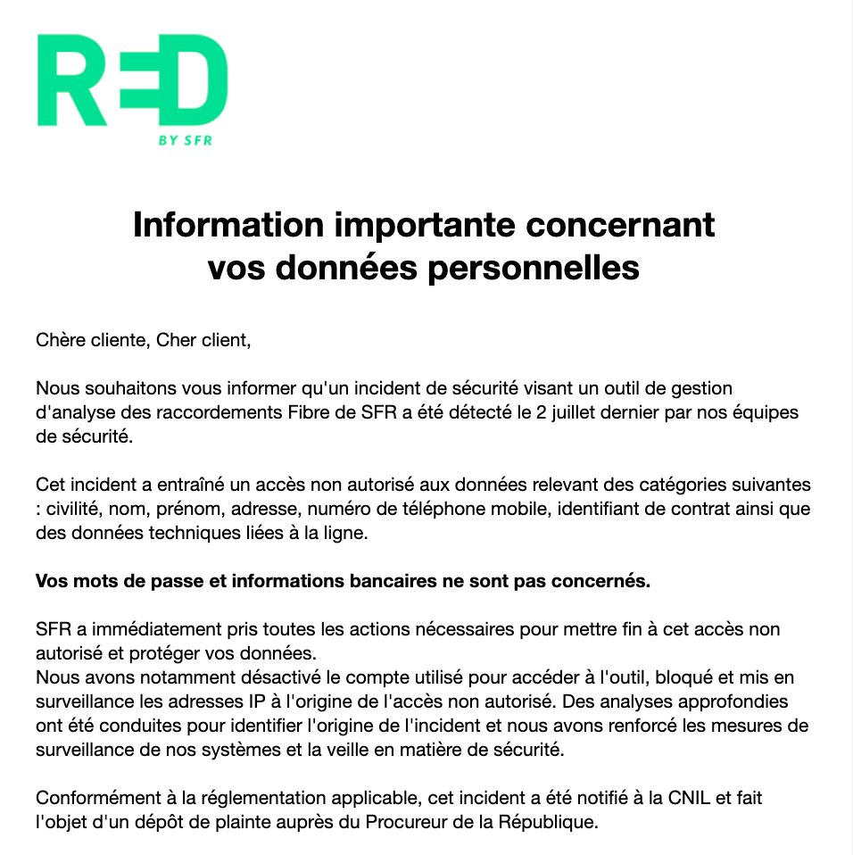 Mail reçu par les clients de Red by SFR // Source : capture d'écran Numerama