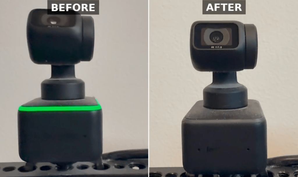 Comportement de la LED d'une caméra, avant et après le piratage // Source : https://schlarp.com/ Comportement de la LED d'une caméra, avant et après le piratage // Source : https://schlarp.com/