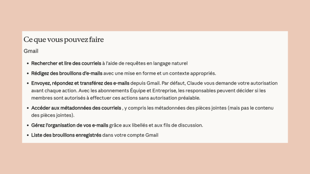 Ce que vous pouvez faire avec Claude et Gmail // Source : Anthropic Ce que vous pouvez faire avec Claude et Gmail // Source : Anthropic