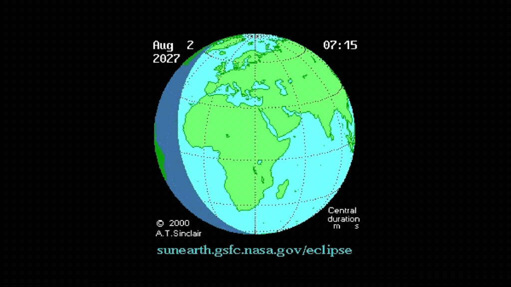 Trajectoire de l'éclipse du 12 août 2027