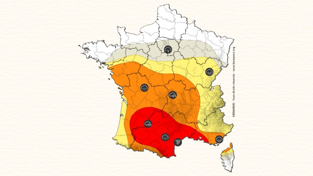 Prévision des risques orageux pour le 24 août 2026. // Source : Keraunos, montage Numerama