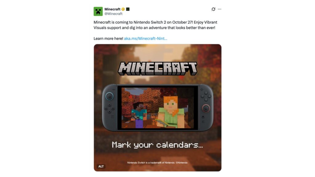 Minecraft arrive sur Switch 2 le 27 octobre 2026.  // Source : @Minecraft sur X