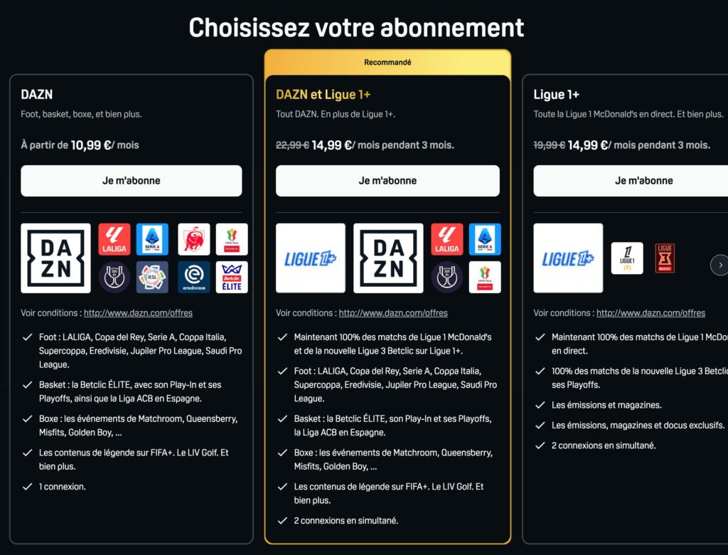 DAZN fusionne ses propres droits avec ceux de Ligue 1+ dans une offre très compétitive.