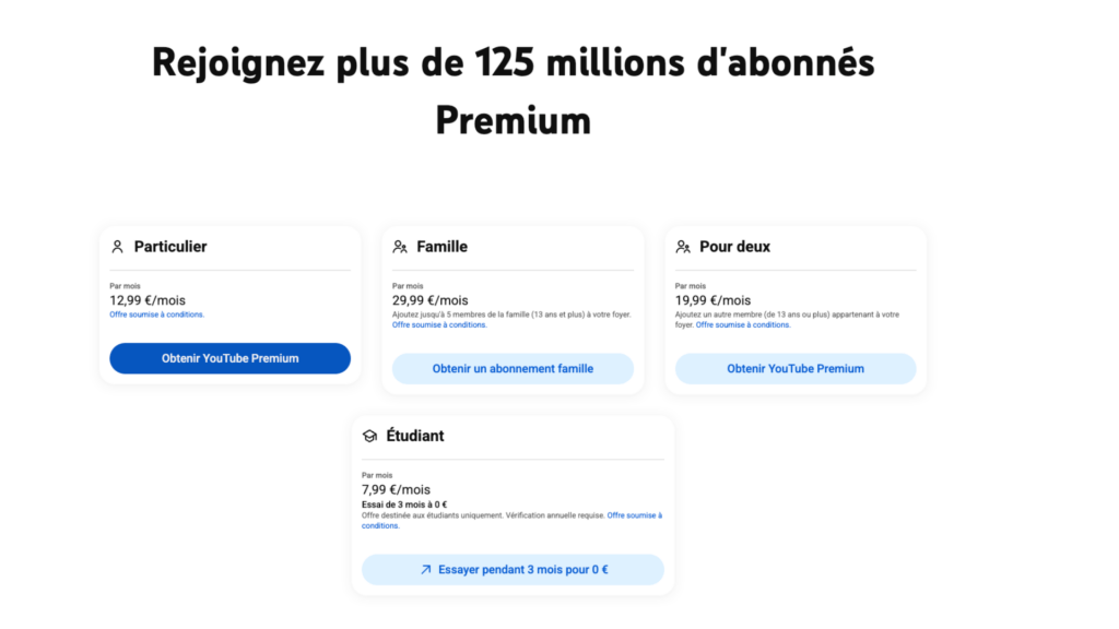 Les prix de YouTube Premium en France en août 2026 // Source : Capture d'écran Numerama Les prix de YouTube Premium en France en août 2026 // Source : Capture d'écran Numerama